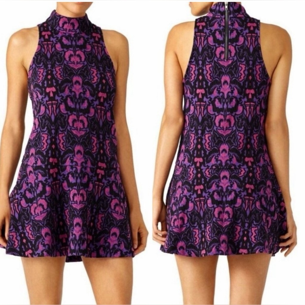 Free People Purple and Black Jacquard Baroque Sleeveless High Neck Dress